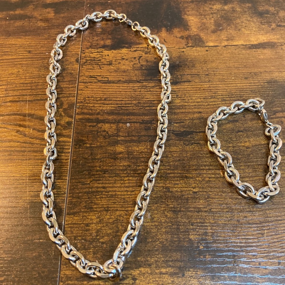 Mens Rolo Cable Necklace 23.5in & Bracelet 9in Stainless Steel Set Hermah 10mm